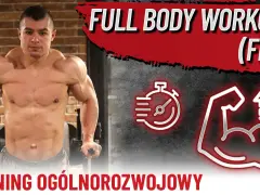 Mężczyzna wykonuje pompki na poręczach. Grafika sugeruje trening całego ciała (FBW) z ikonami stopera i bicepsa.