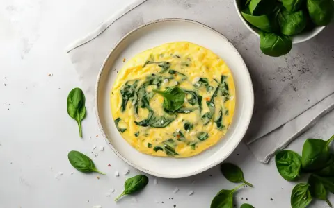 Delikatny omlet na parze ze szpinakiem, podany na talerzu, otoczony świeżymi liśćmi szpinaku i płatkami soli.