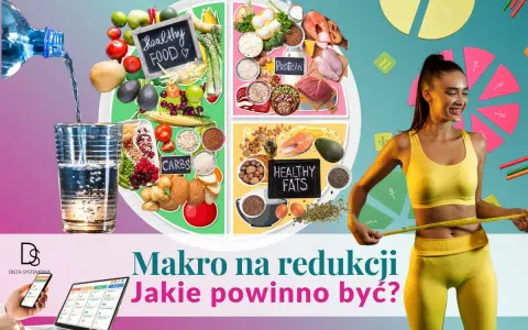 Grafika pokazuje talerz zdrowej żywności z podziałem na białko, węglowodany i zdrowe tłuszcze. Kobieta mierzy talię, sugerując cel, jakim jest redukcja. Jakie makro na redukcji?