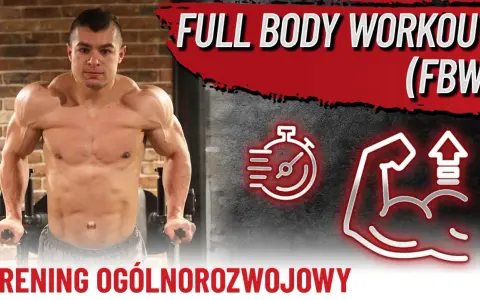 Mężczyzna wykonuje pompki na poręczach. Grafika sugeruje trening całego ciała (FBW) z ikonami stopera i bicepsa.