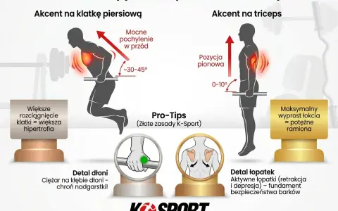 Dipy na triceps: pionowa pozycja ciała i minimalny wyprost łokcia (0-10°) dla potężnych ramion. Porównanie z dipami na klatkę piersiową.