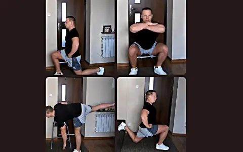 Mężczyzna wykonuje ćwiczenia na nogi w domu: wykroki, przysiady, martwy ciąg na jednej nodze.