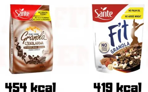 Dwie granole Sante: czekoladowa (454 kcal) i orzechowo-kakaowa (419 kcal). Idealne na zdrowy początek dnia, gdy szukasz domowa granola przepis fit.