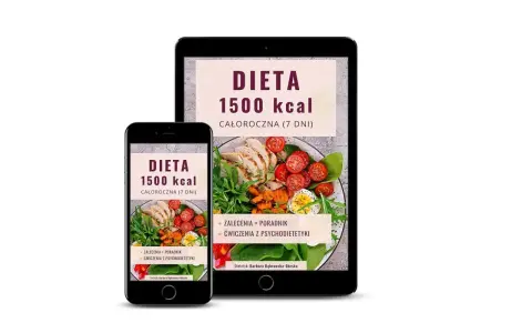 Jadłospis na 7 dni: dieta 1500 kcal. Na ekranach telefonu i tabletu widać apetyczne dania i porady dietetyczne.