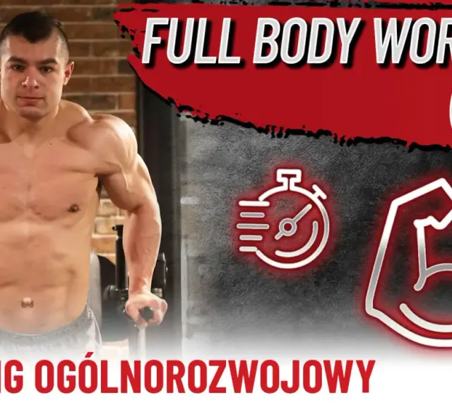 Mężczyzna wykonuje pompki na poręczach. Grafika sugeruje trening całego ciała (FBW) z ikonami stopera i bicepsa.