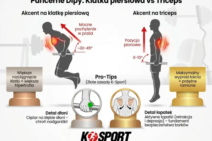Dipy na triceps: pionowa pozycja ciała i minimalny wyprost łokcia (0-10°) dla potężnych ramion. Porównanie z dipami na klatkę piersiową.