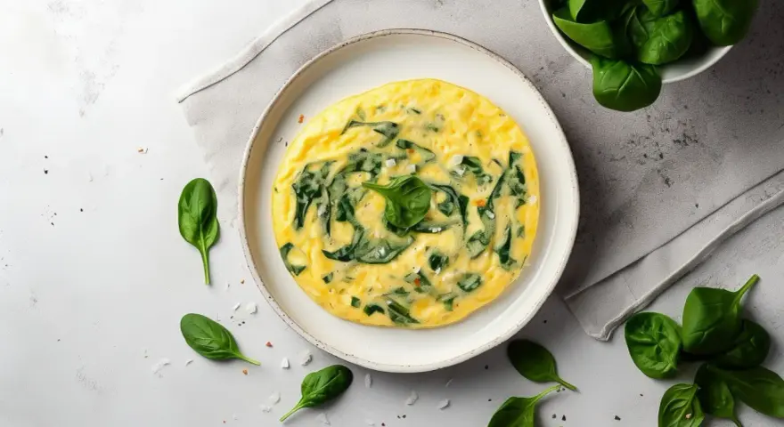 Delikatny omlet na parze ze szpinakiem, podany na talerzu, otoczony świeżymi liśćmi szpinaku i płatkami soli.
