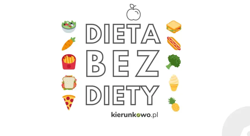 Grafika z napisem "DIETA BEZ DIETY" i ikonami jedzenia. Promuje zdrowy styl życia.