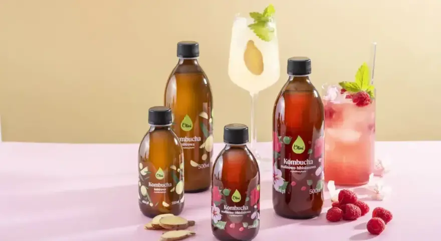 Butelki kombuchy o różnych smakach: imbirowej i malinowo-hibiskusowej. Jak smakuje kombucha? Orzeźwiająco!