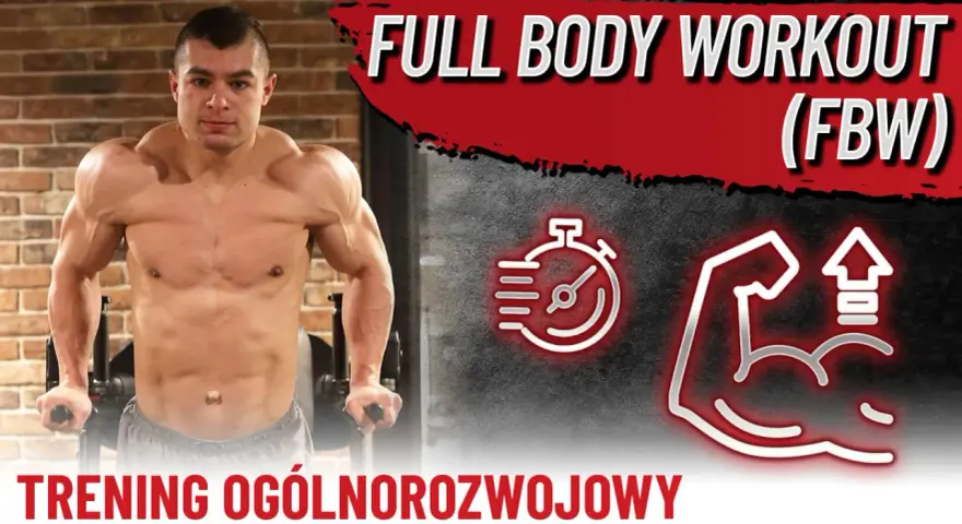 Mężczyzna wykonuje pompki na poręczach. Grafika sugeruje trening całego ciała (FBW) z ikonami stopera i bicepsa.