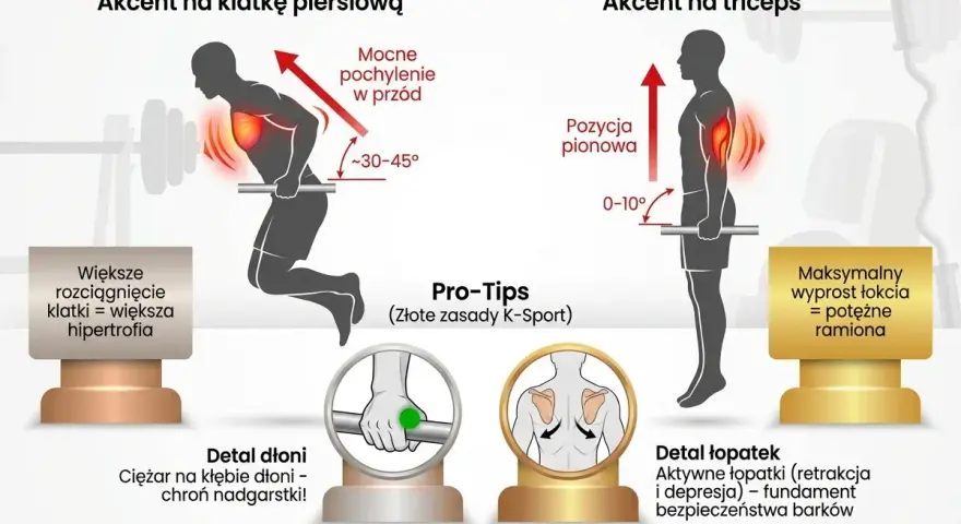Dipy na triceps: pionowa pozycja ciała i minimalny wyprost łokcia (0-10°) dla potężnych ramion. Porównanie z dipami na klatkę piersiową.