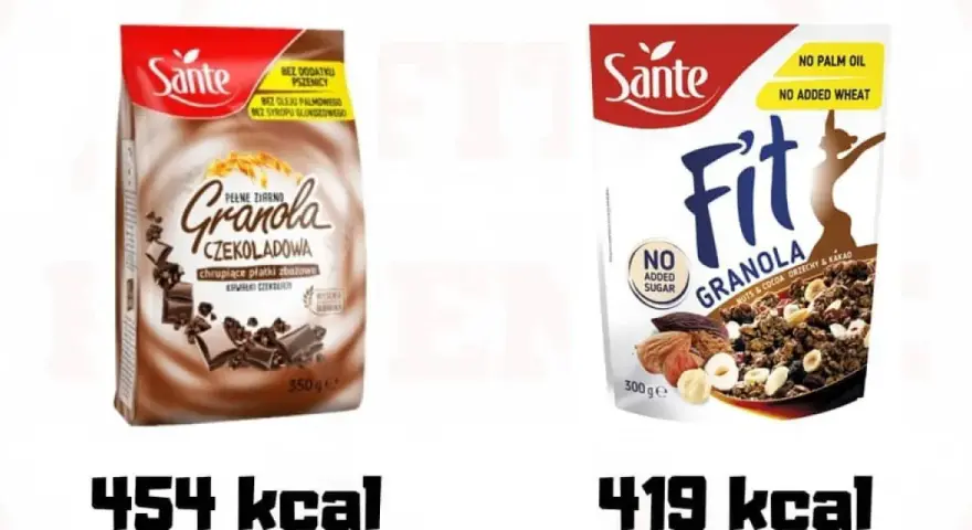 Dwie granole Sante: czekoladowa (454 kcal) i orzechowo-kakaowa (419 kcal). Idealne na zdrowy początek dnia, gdy szukasz domowa granola przepis fit.
