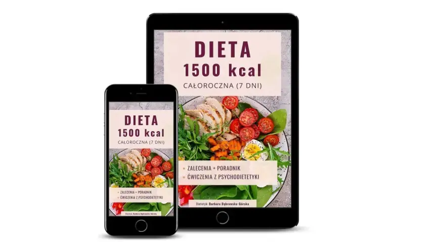 Jadłospis na 7 dni: dieta 1500 kcal. Na ekranach telefonu i tabletu widać apetyczne dania i porady dietetyczne.