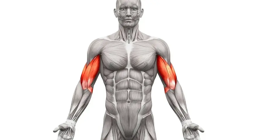Anatomia mięśni ramion z uwydatnionym bicepsem. Zastanawiasz się, ile serii na biceps wykonać?