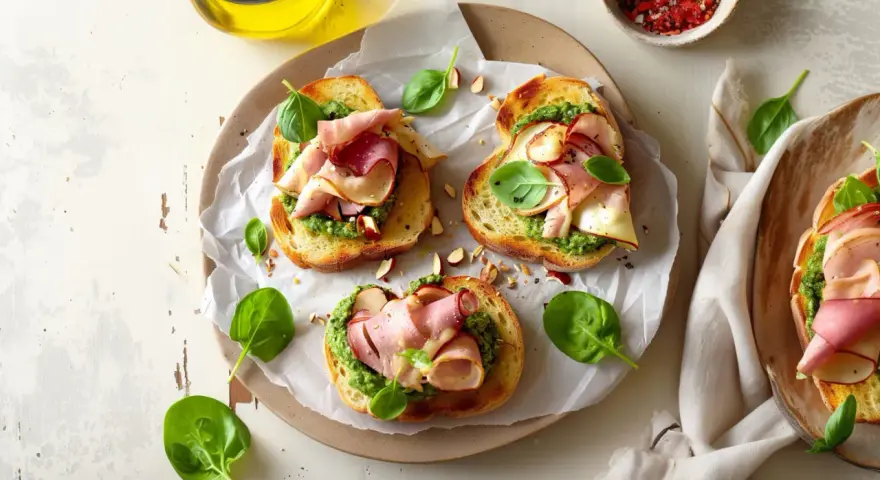 Aromatyczne kanapki z pesto, szynką i świeżą bazylią, posypane migdałami. Idealne na szybką przekąskę.