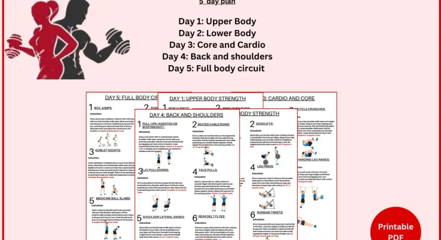Plan treningowy siłownia 5-dniowy: Dzień 1: Górna część ciała, Dzień 2: Dolna część ciała, Dzień 3: Core i cardio, Dzień 4: Plecy i barki, Dzień 5: Pełne ciało.
