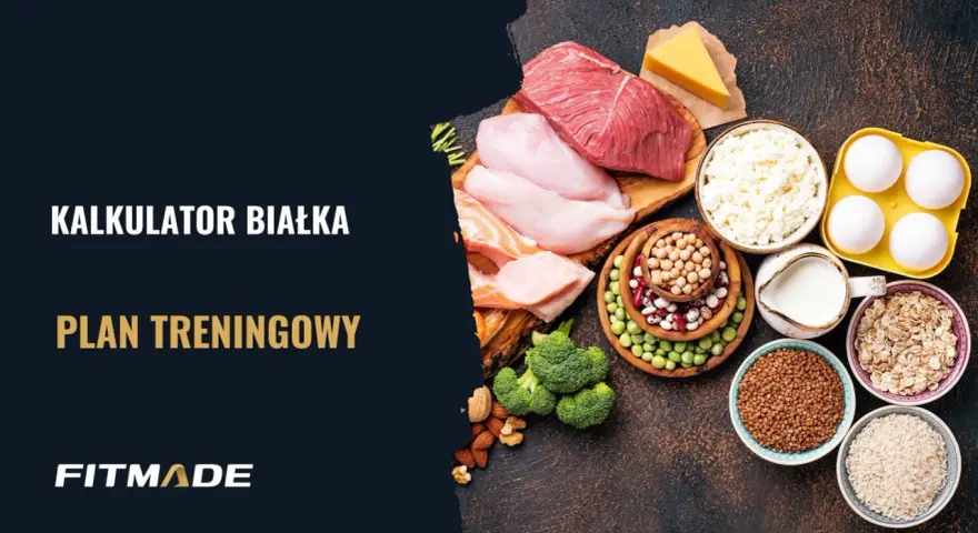 Kalkulator białka i plan treningowy. Różnorodne źródła białka: mięso, ryby, jajka, nabiał, rośliny strączkowe, płatki owsiane, ryż i kasza.