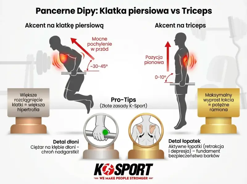 Dipy na triceps: pionowa pozycja ciała i minimalny wyprost łokcia (0-10°) dla potężnych ramion. Porównanie z dipami na klatkę piersiową.